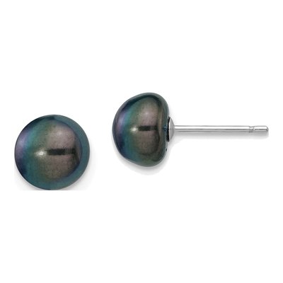 14K White Gold Black Freshwater Cultured Pearl Button Stud Earrings
