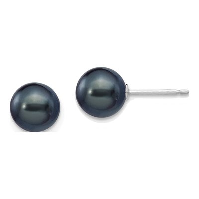 14K White Gold Round Black Freshwater Cultured Pearl Stud Earrings