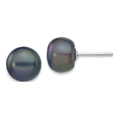 14K White Gold Black Freshwater Cultured Pearl Button Stud Earrings