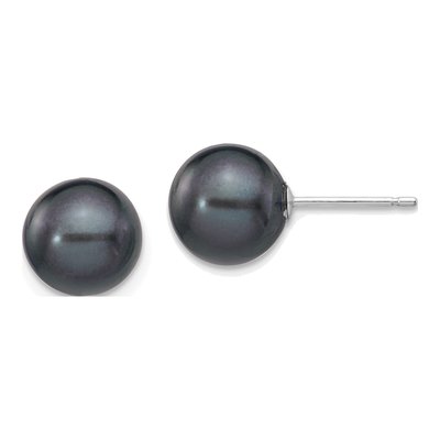 14K White Gold Round Black Freshwater Cultured Pearl Stud Earrings