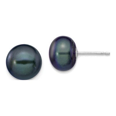 14K White Gold Black Freshwater Cultured Pearl Button Stud Earrings