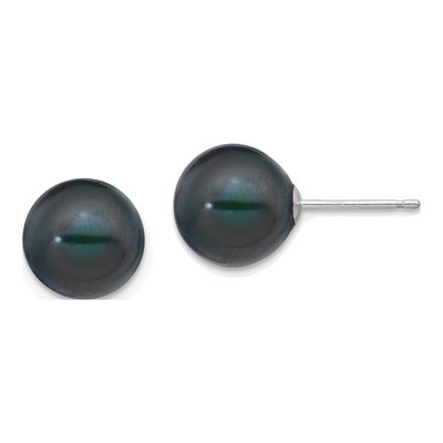 14K White Gold Round Black Freshwater Cultured Pearl Stud Earrings
