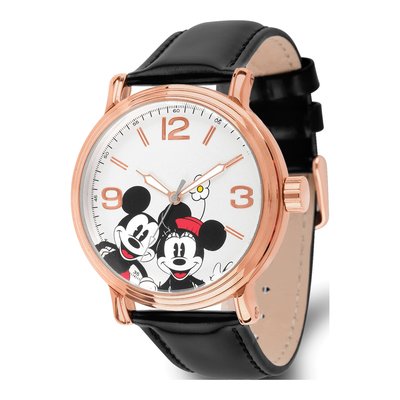 Disney Adult Size Rose-Tone Black Leather Mickey/Minnie Watch