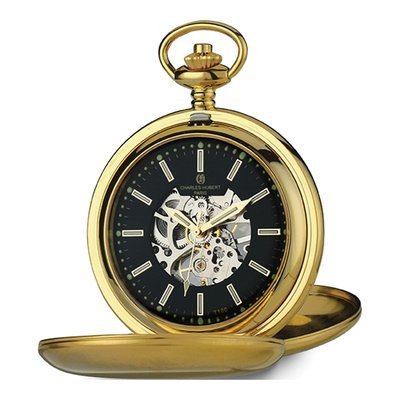 Charles Hubert IP-Plated Skeleton Pocket Watch