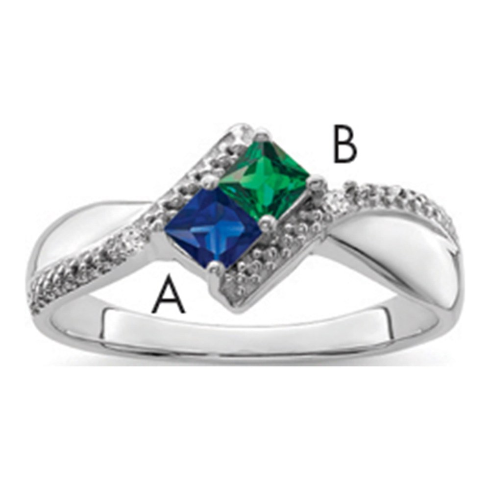 Sterling Silver Rh-Plated Personalized 2-Name 0.008ct Diamond And Synthetic 2 Stone Couple's Rin