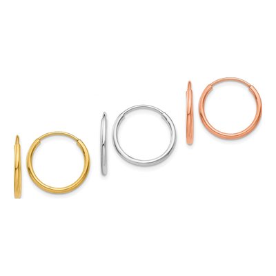 14K Tri-Color Gold Endless Hoop Earring Set, 3 Pair