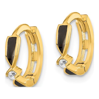 14K Yellow Gold 11mm Onyx & CZ Huggie Hoop Earrings – view 2