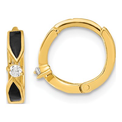 14K Yellow Gold 11mm Onyx & CZ Huggie Hoop Earrings