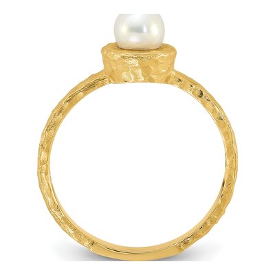 14K Yellow Gold Freshwater Cultured Pearl Hammered Rnd Wht Ring – view 2