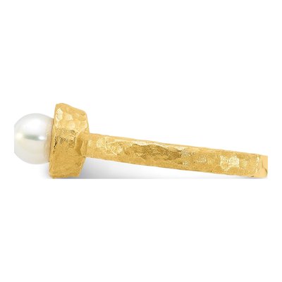 14K Yellow Gold Freshwater Cultured Pearl Hammered Rnd Wht Ring – view 3