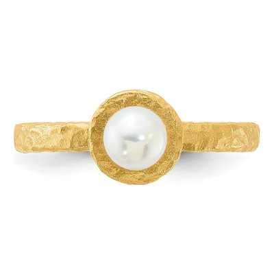 14K Yellow Gold Freshwater Cultured Pearl Hammered Rnd Wht Ring – view 4
