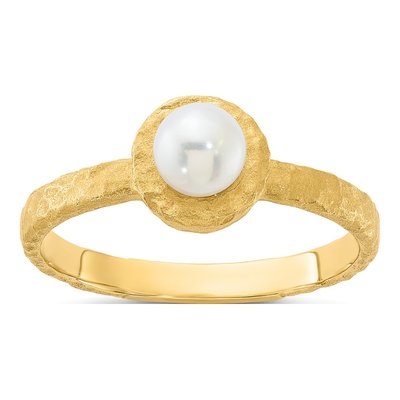 14K Yellow Gold Freshwater Cultured Pearl Hammered Rnd Wht Ring