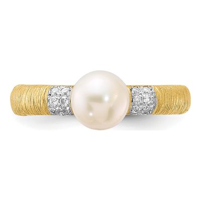 14K Yellow Gold 0.09 ct tw Freshwater Cultured Pearl & Diamond Textured Round 09ct Ring – view 4