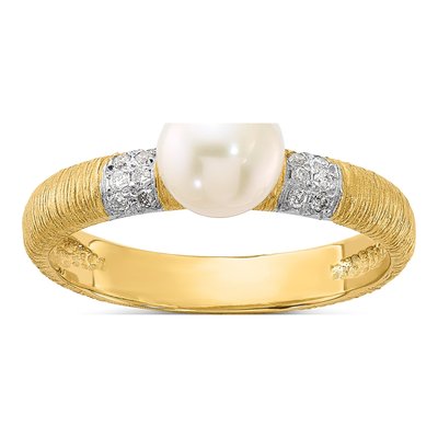 14K Yellow Gold 0.09 ct tw Freshwater Cultured Pearl & Diamond Textured Round 09ct Ring