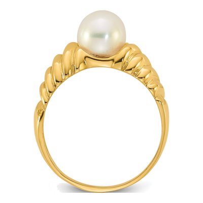 14K Yellow Gold Freshwater Cultured Pearl Round Scalloped Shank Ring – view 2