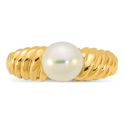 14K Yellow Gold Freshwater Cultured Pearl Round Scalloped Shank Ring – view 4