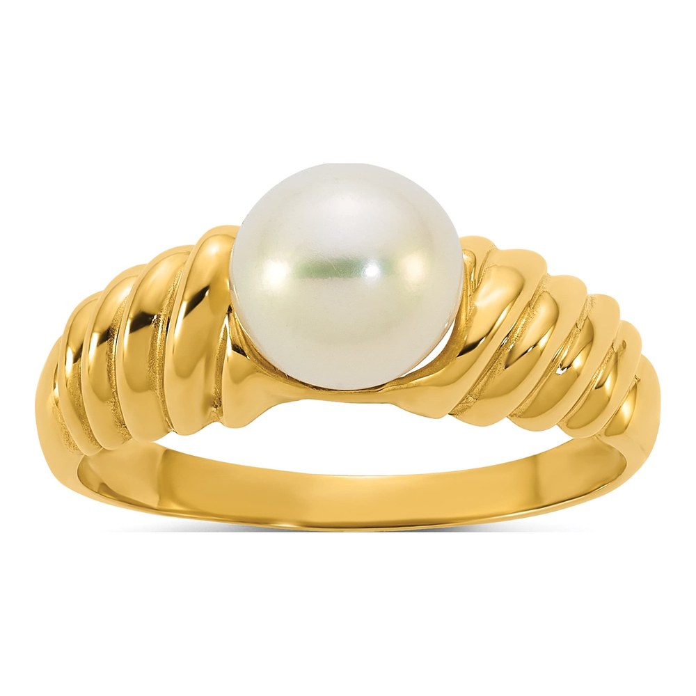 14K Polished 6-7mm Round White Freshwater Cultured Pearl Size 7 Scalloped Shank Ring