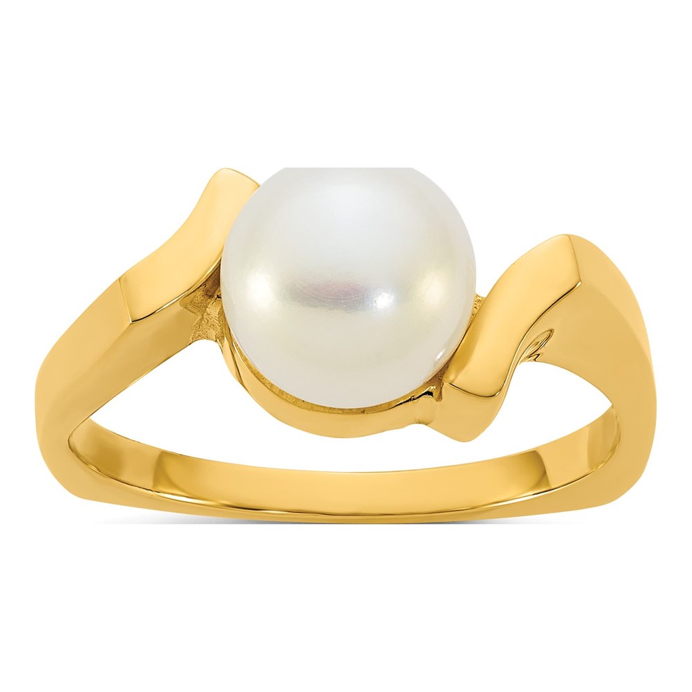 14K Polished 7-8mm Button White Freshwater Cultured Pearl Size 7 Square Shank Ring