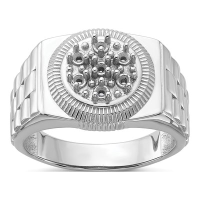 Men's 14K White Gold Holds Diamonds Ridged-Sides Circular Top Ring Mounting