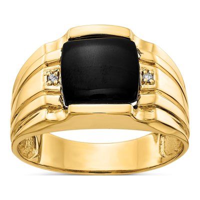 Men's 14K Yellow Gold Onyx & Diamond Cushion Ring
