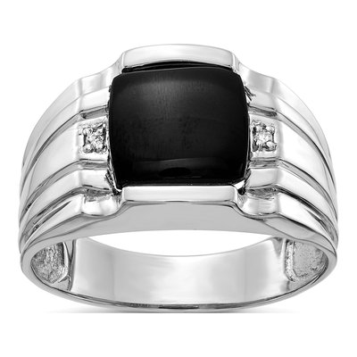 Men's 14K White Gold Onyx & Diamond Cushion Ring