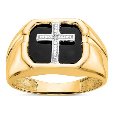 Men's 14K Yellow Gold Onyx & Diamond Cross Ring