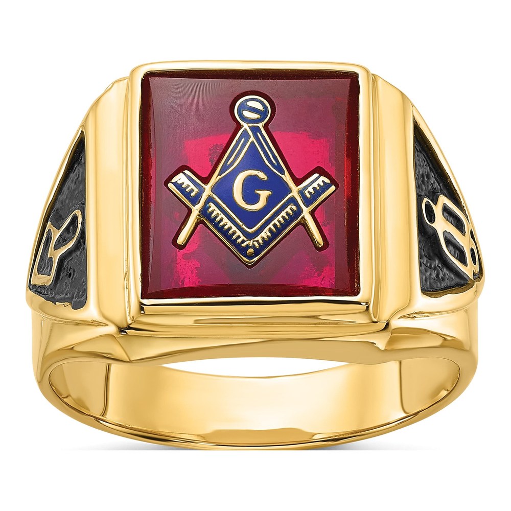 Men's 14K Yellow Gold Lab-Created Ruby Masonic Ring