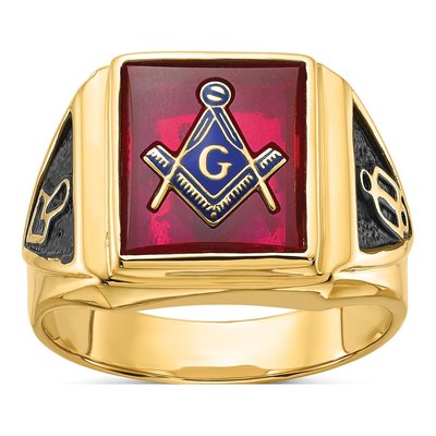 Men's 14K Yellow Gold Lab-Created Ruby Masonic Ring