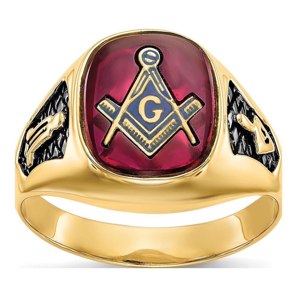 Men's 14K Yellow Gold Lab-Created Ruby Masonic Ring