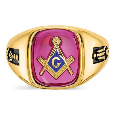 Men's 14K Yellow Gold Lab-Created Ruby Masonic Ring – view 5
