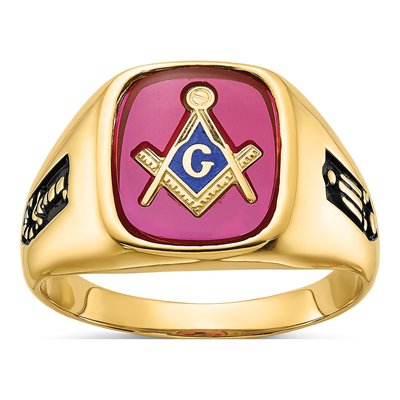 Men's 14K Yellow Gold Lab-Created Ruby Masonic Ring