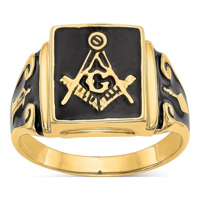 Men's 14K Yellow Gold Black Enamel Masonic Ring