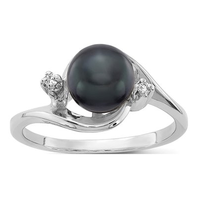 14K White Gold Black Freshwater Cultured Pearl & Diamond Ring