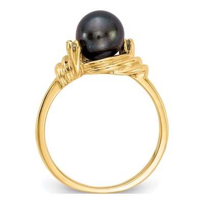 14K Yellow Gold Black Freshwater Cultured Pearl & Diamond Ring – view 2