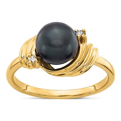 14K Yellow Gold Black Freshwater Cultured Pearl & Diamond Ring