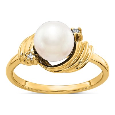 14K Yellow Gold Freshwater Cultured Pearl & Diamond Ring