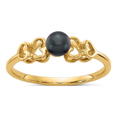 14K Yellow Gold Black Freshwater Cultured Pearl Heart Ring