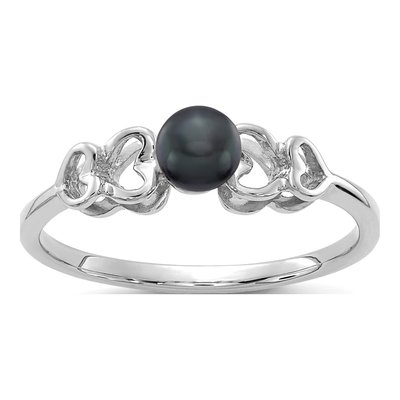 14K White Gold Black Freshwater Cultured Pearl Heart Ring
