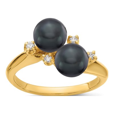 14K Yellow Gold 1/20 ct tw Black Freshwater Cultured Pearl & Diamond Two-Stone Ring