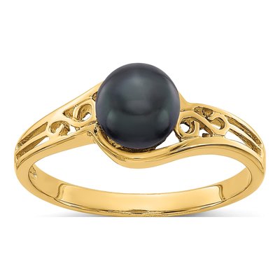 14K Yellow Gold Black Freshwater Cultured Pearl Filigree Ring