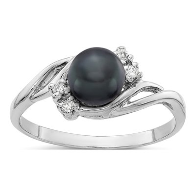 14K White Gold 1/20 ct tw Black Freshwater Cultured Pearl & Diamond Ring