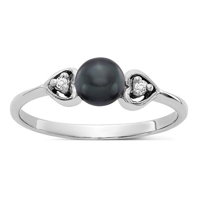 14K White Gold Black Freshwater Cultured Pearl & Diamond Ring