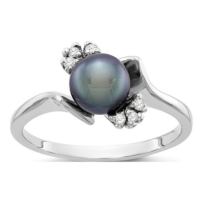14K White Gold 1/15 ct tw Black Freshwater Cultured Pearl & Diamond Ring