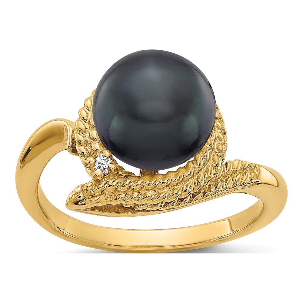 14K Yellow Gold Black Freshwater Cultured Pearl & Diamond Ring