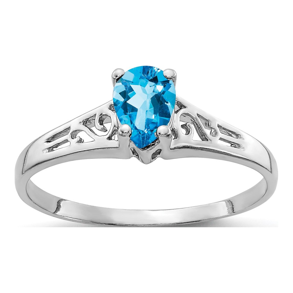 14K White Gold Pear Blue Topaz Filigree Ring