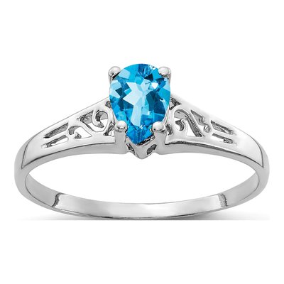 14K White Gold Swiss Blue Topaz Pear Filigree Ring