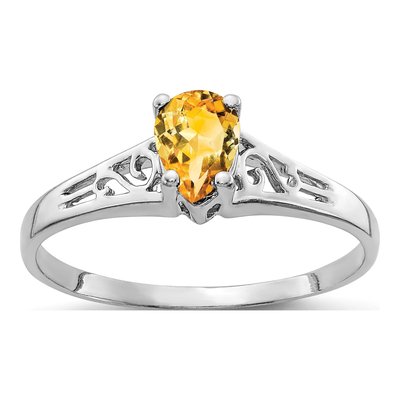 14K White Gold Citrine Pear Filigree Ring