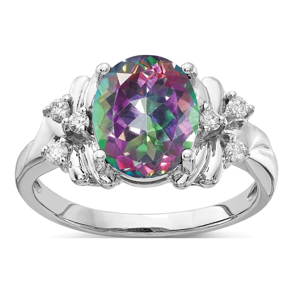 14K White Gold 1/10 ct tw Mystic Fire Topaz & Diamond Oval Ring