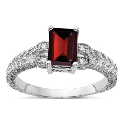 14K White Gold 1/20 ct tw Garnet & Diamond Emerald-Cut Ring