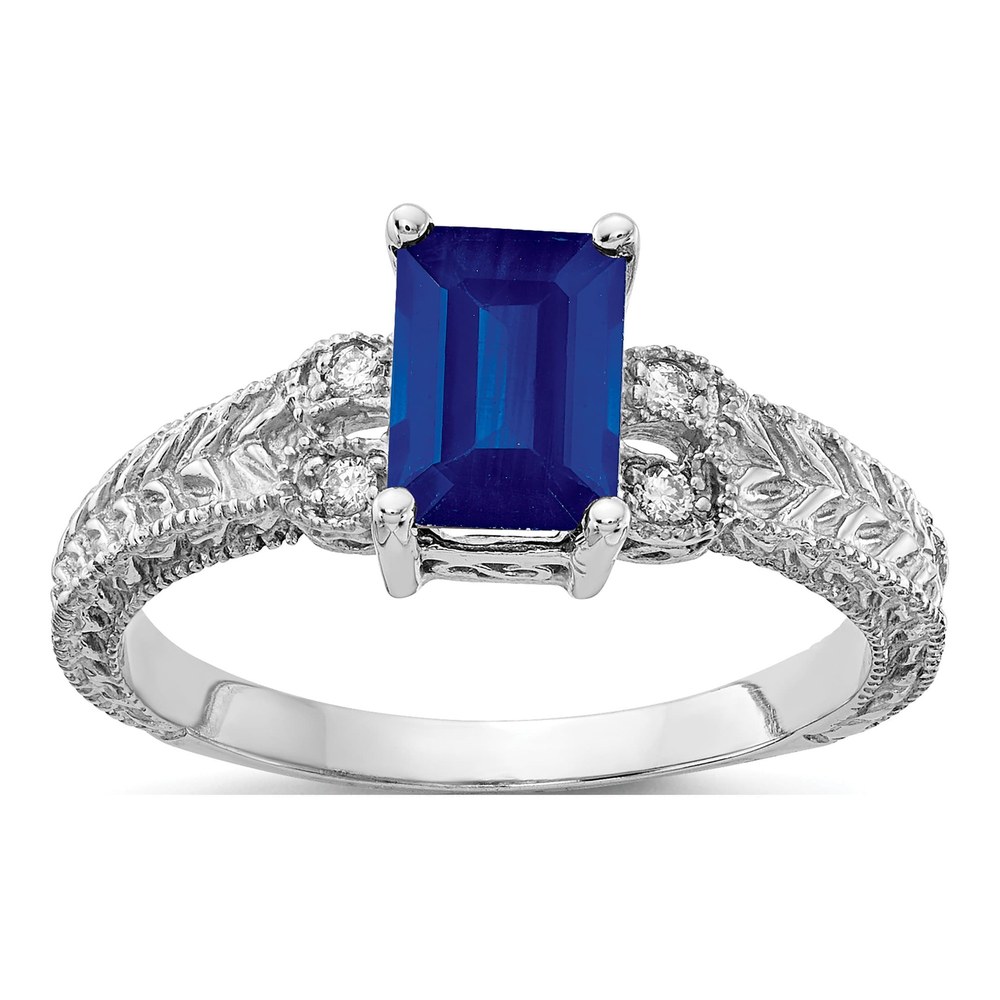 14K White Gold Rhodium-Plated 7x5mm Emerald-Cut Blue Sapphire And 1/20 Carat Aa Diamond Ring